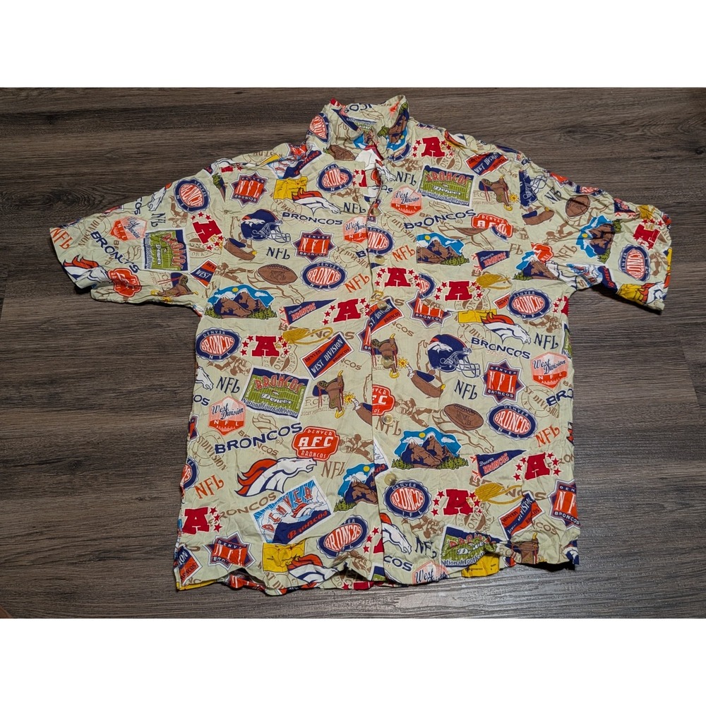 NFL Denver Broncos Rayon Hawaiian Shirt Mens Medium Tan AOP Button Up VF Vintage